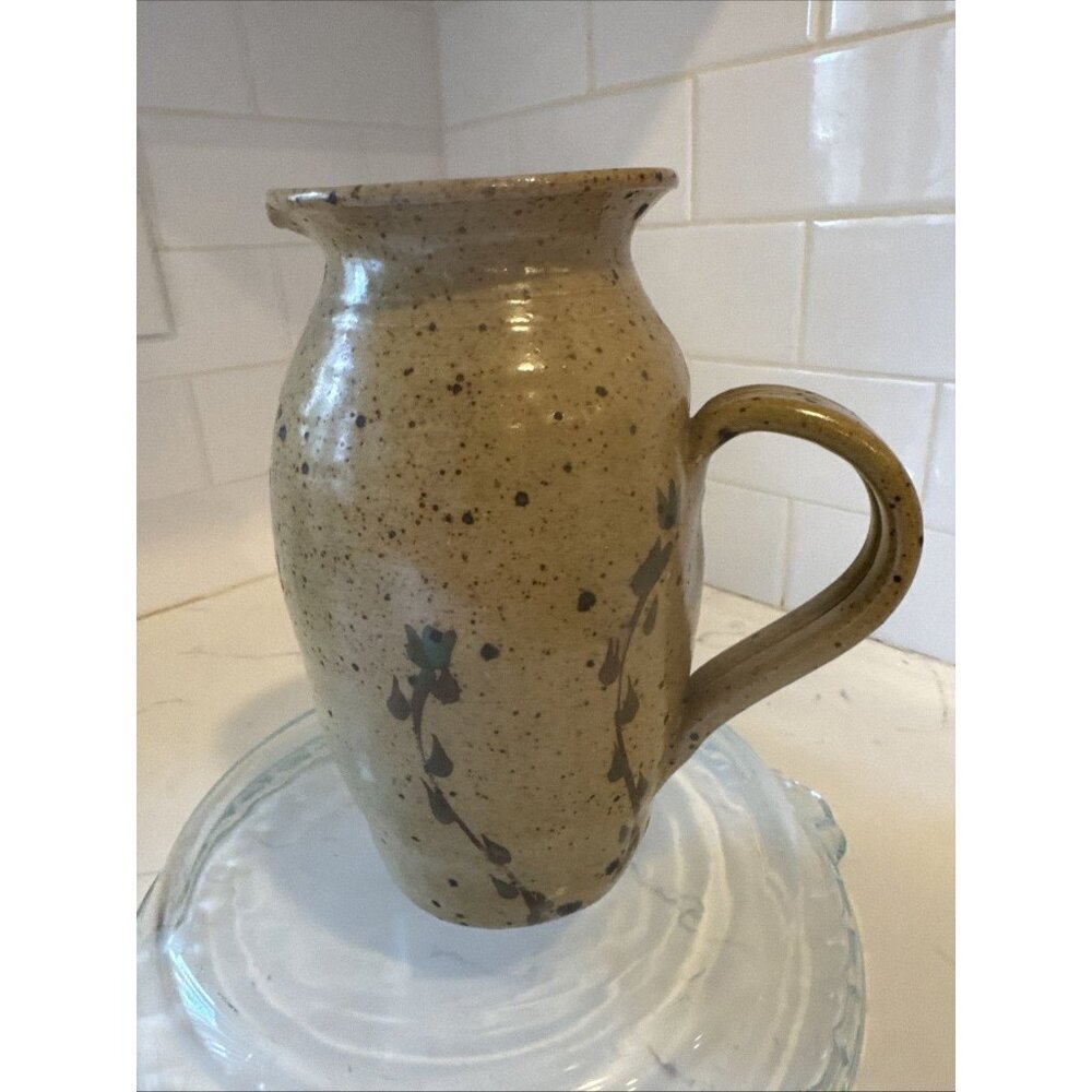 Small Handmade Pitcher Brown With Flowers 7 1/2 Tall Vintage - Picture 9 of 16